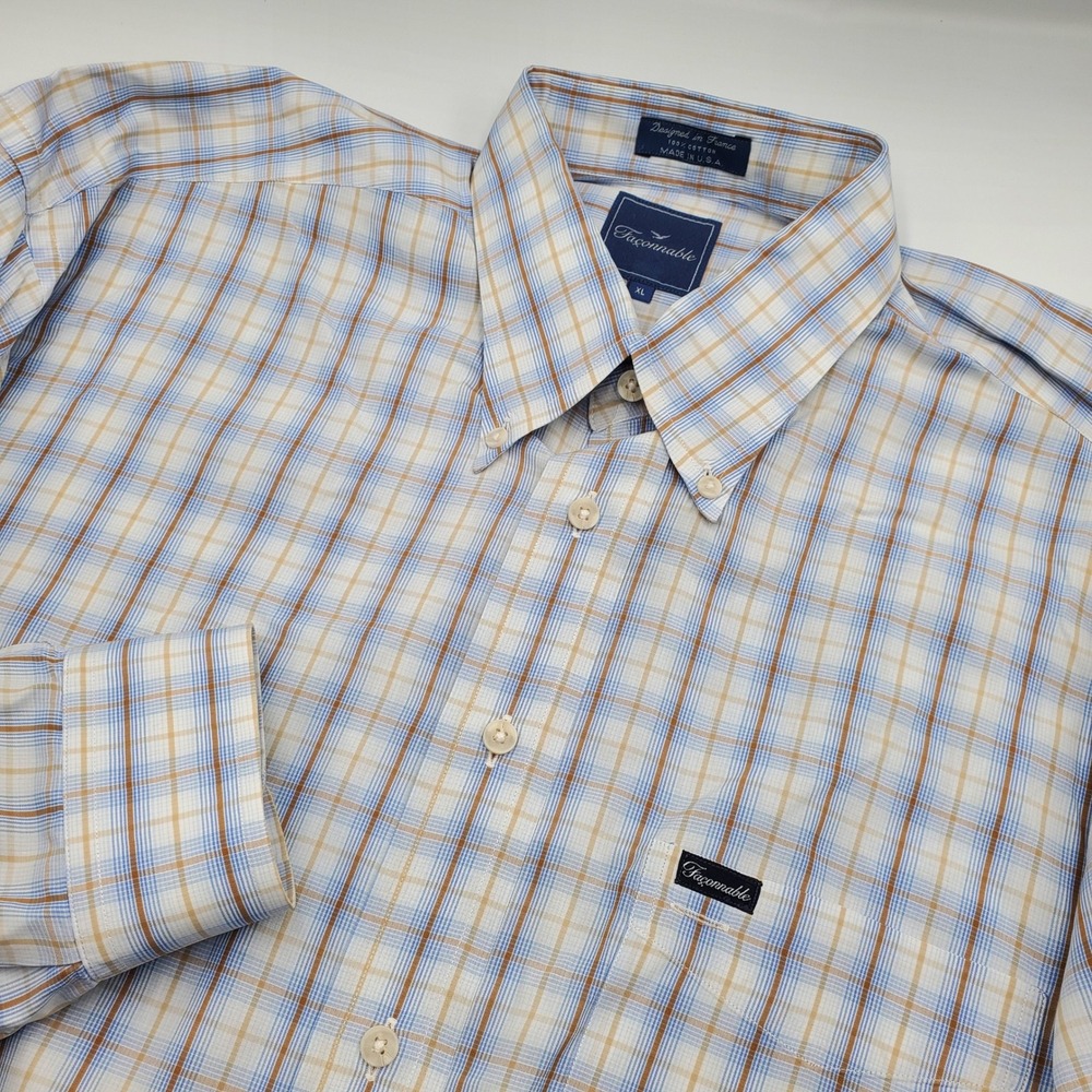 Faconnable Mens XL Blue Tan Plaid Cotton Button Down Shirt Made in USA France‎